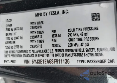 2025 Tesla Model 3 Long Range Rear-Wheel Drive из США, поврежденный, VIN 5YJ3E1EA6SF911136